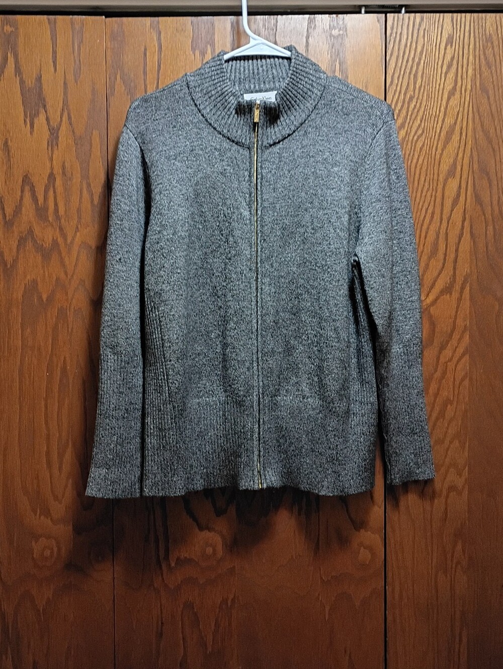 Calvin Klein Gray Zip Front Knit Sweater with Gold Zipper